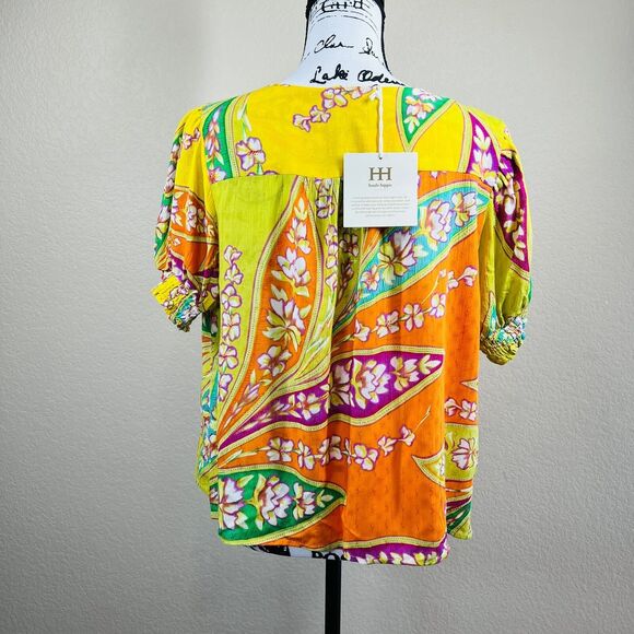 Haute Hippie multi floral blouse short sleeves and gather cuff size M boho - Picture 2 of 14